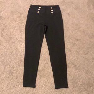 Black skinny work pants with gold buttons